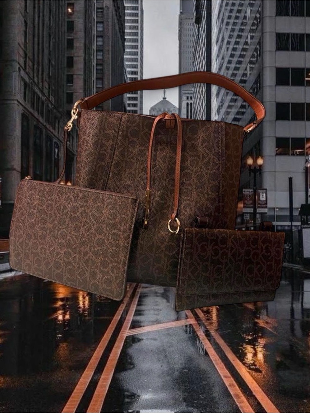 Designer-Style Brown Tote Bag with Matching Pouches